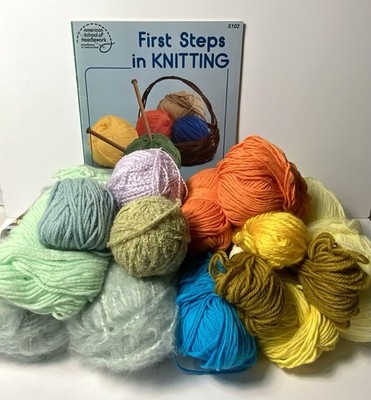 Lot Of  Pastel Yarn With First Steps In Knitting Booklet- 4 Skeins, 8 Balls