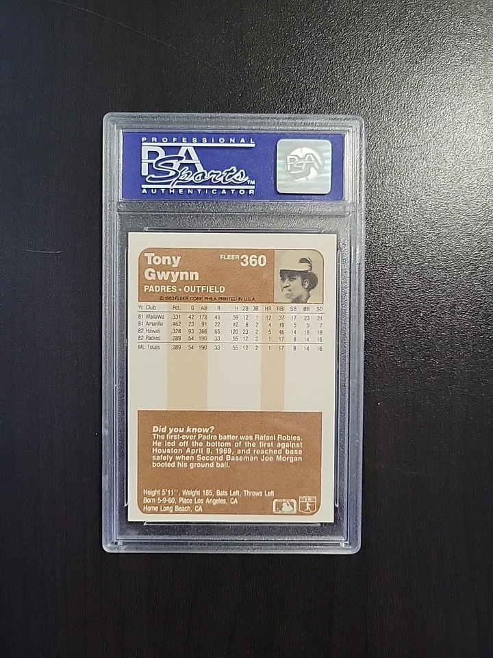 Tarjeta de novato Fleer Tony Gwynn #360 (RC) 1983 PSA 8 casi nueva-como nueva Padres leyenda de la corte Foto 2 de 2