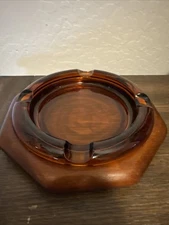 Vintage Amber Glass CIGARETTE CIGAR ASHTRAY LARGE Walnut Wood Base Retro Mancave