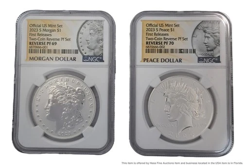 2023 $1 Reverse Proof Set Morgan Peace Silver Dollar 2pc NGC Reverse PF69 PF70