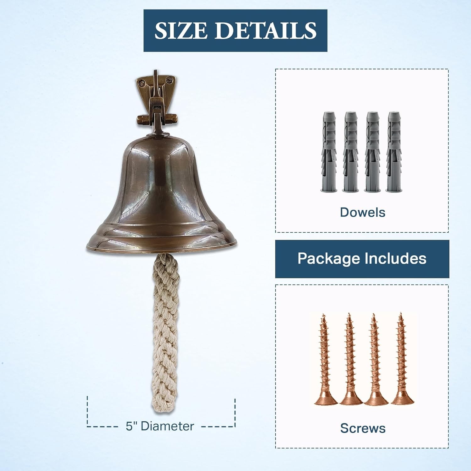 Antique Solid Brass Door Ship Mount 5'' Hanging Bell Perfect for Indoor Outdoor