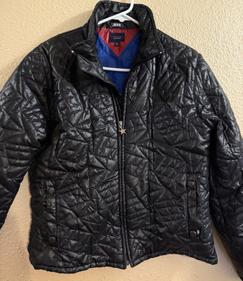 Tommy Jeans Black Quilted Women's Jacket L/XL Star Zipper Pull Zip Snap Pockets