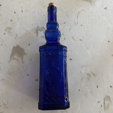 Vintage Cobalt Blue Cathedral Style Glass Bottle  11.75" Tall &times; 3" Square Base.