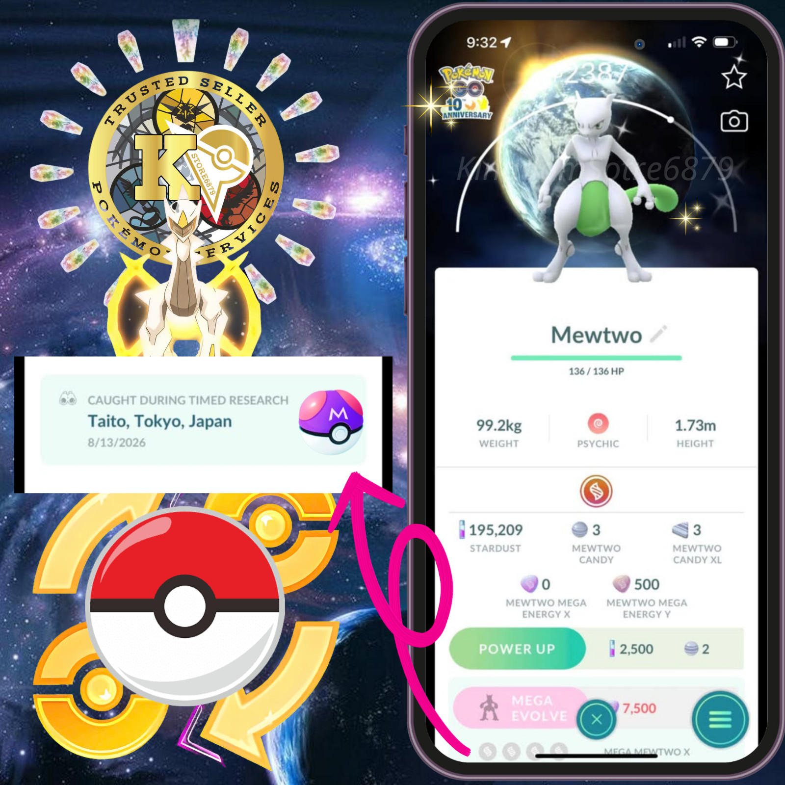 Shiny Mewtwo Shundo — 10th Anniversary Background—P.T.C 100k Stardusts—Digital