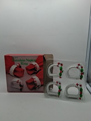 Porcelain Christmas Candy Cane Napkin Rings Original Box Vintage Set Of 4 -
