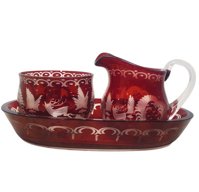 Egermann Ruby Crystal Creamer , sugar bowl & Tray cut-to-clear Czechoslovakia