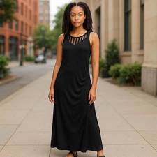 LRL Ralph Lauren Evening Women's Dress Black Sleeveless Mesh Ruched Maxi 16