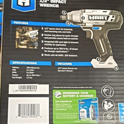 HART 20V 1/2 in Impact Wrench 350 ft-lb LED Friction Ring Tool Only
