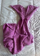 Pink Colorful Mermaid Tail Blanket Crocheted Adult Kids Soft Warm, 6 Ft Long EUC
