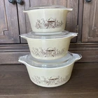 3 Vintage Pyrex Forest Fancies Mushroom Casserole Set With Lids #473-474-475B