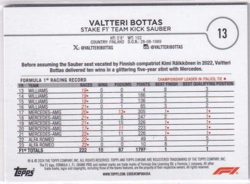 Topps 2024 Chrome Formula 1 No. 13 Valtteri Bottas - Bild 2 von 2