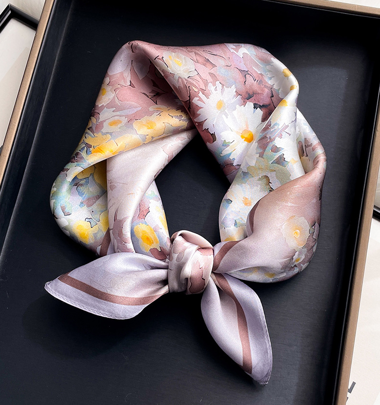 100% Mulberry Silk Scarf Women pink flower Kerchief Square Bandana Wrap 21
