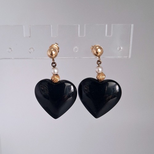 14k Gold Black Onyx Earrings Heart Dangle Vintage Post 1 5/8" Faux Pearl - Picture 2 of 11