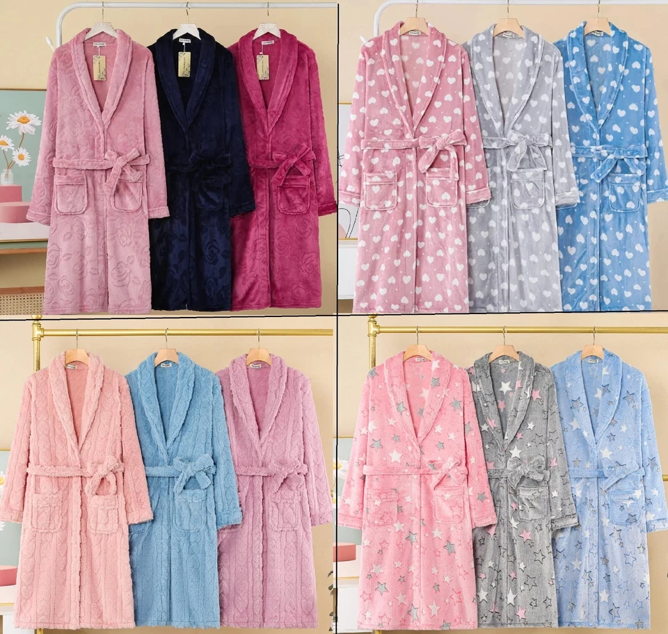 BRANDED DESIGNER Womens Fluffy Fleece Bathrobe Soft Warm Dressing Gown Bath Robe Ladies