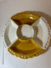 mid century modern serving dishes Calif. pottery  gold white READ