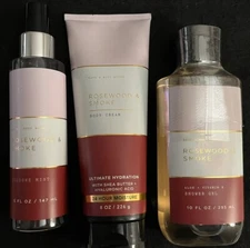 NEW! SET - Bath & Body Works ROSEWOOD & SMOKE Mist, Cream, Shower Gel