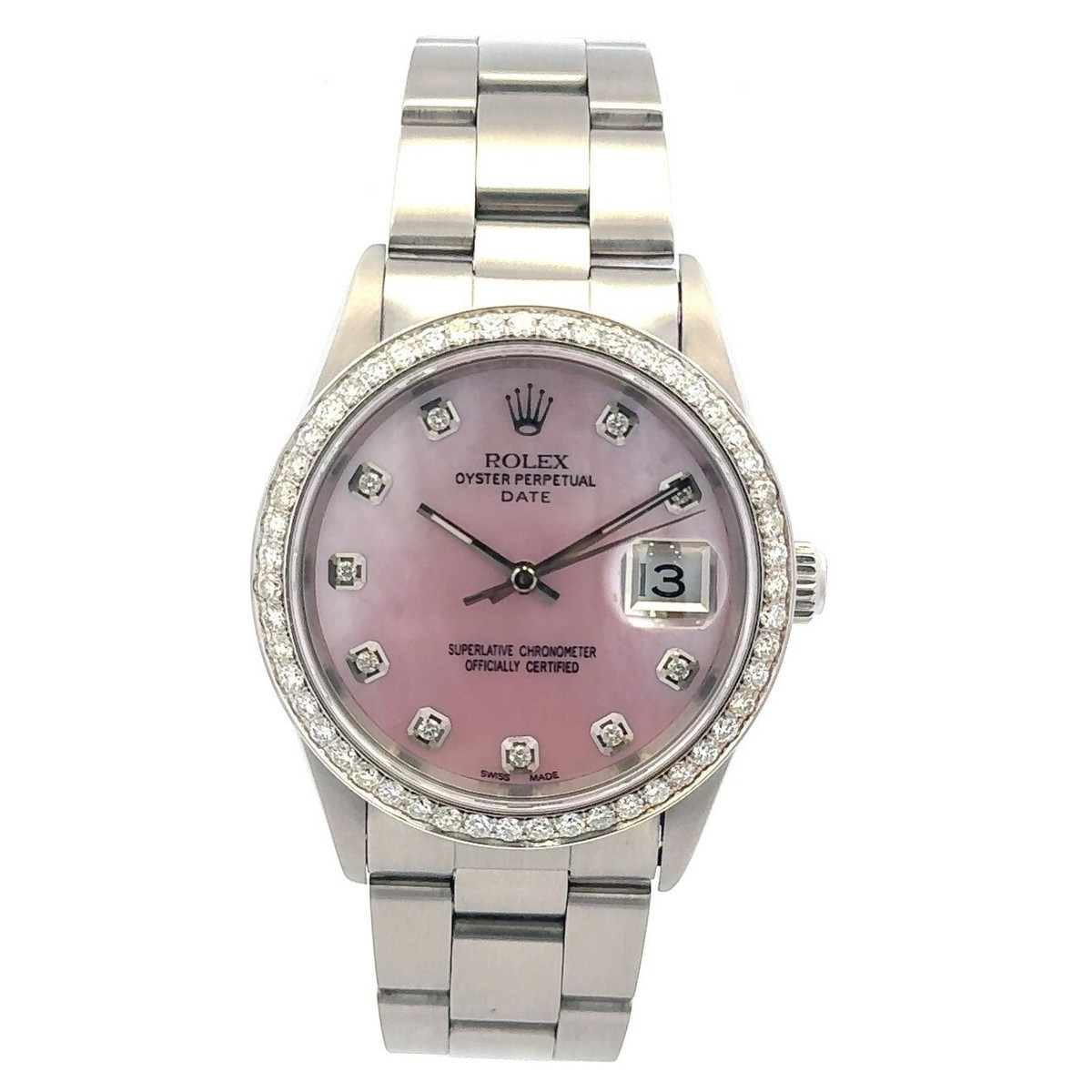 1996 Rolex Date Pink Mother of Pearl Diamond Dial and Diamond