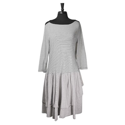 Ralph Lauren Women's Dress Ivory Black Striped Cotton Tiered Layered Preppy  XL