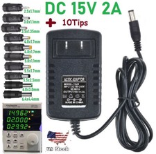 Tested 15V 2A AC Adapter DC Power Supply Charger Cord 5.5x2.1mm with 10 DC Plug
