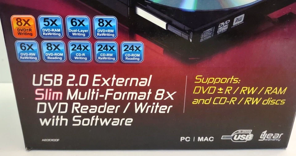 Aluratek AEOD100F USB 2.0 Externo Delgado Multiformato 8X Lector/Grabador de DVD Foto 3 de 4