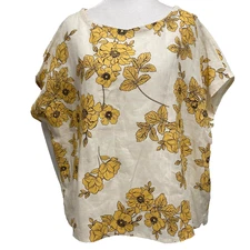 Rachel Zoe 100% Linen Button Back Top Size M White Yellow Floral Boxy Coastal