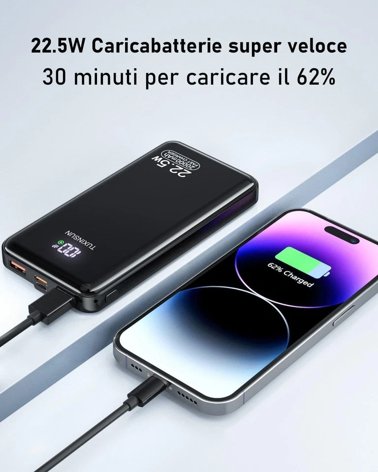 Power Bank 20000mAh PD3.0 QC4.0 22,5W Powerbank Ricarica Rapida, Ingresso e Usci - Immagine 3 di 4
