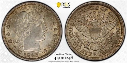 1893 P BARBER SILVER QUARTER PCGS AU Details "Tooled-Scratches" Gold Shield