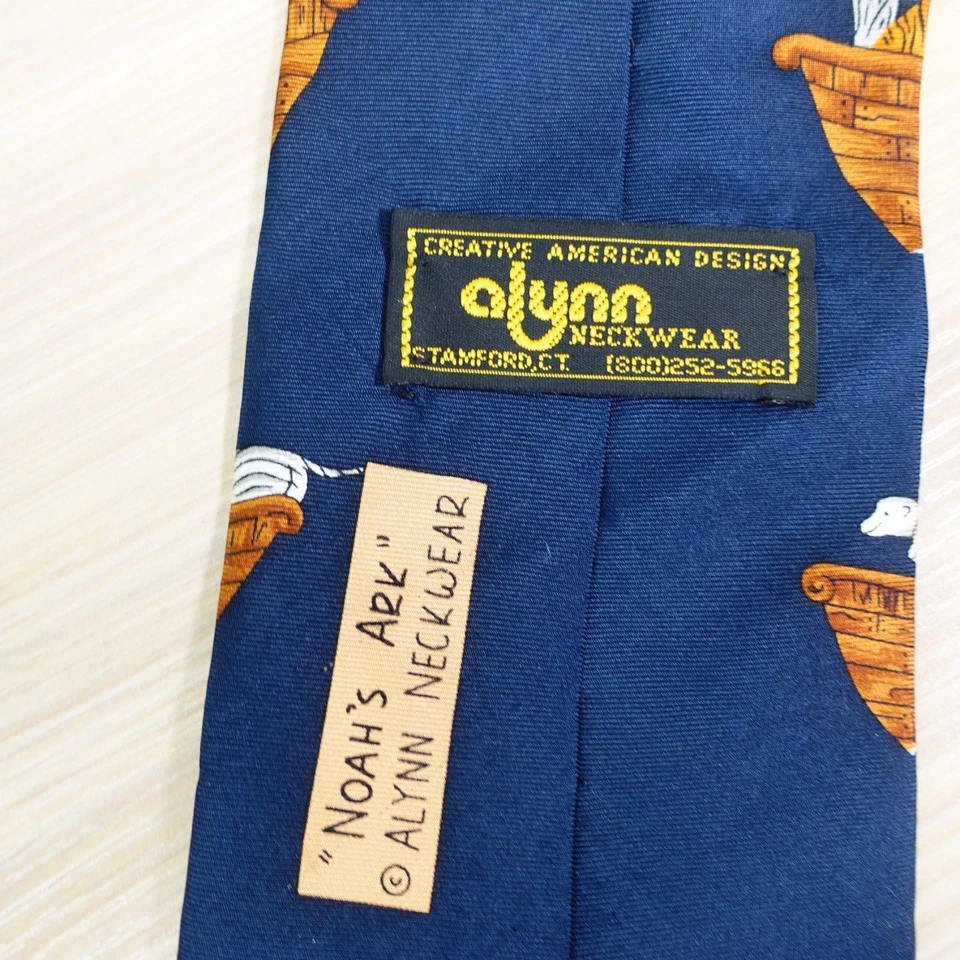 Vintage Noahs Ark Neck Tie Men ALYNN Navy Brown Animal Boat Novelty Art USA Made - Image 3 of 4