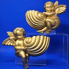 Vintage Pair Of Burwood Cherubs Wall Pockets Planters Gold Resin Made In USA