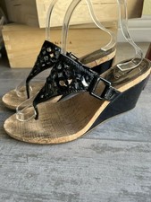 COACH Black Brookk OP Art Patent Leather Signature Wedges Sandals 8 B Designer