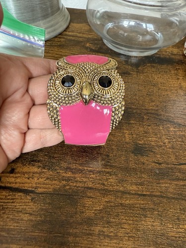 Pink and Gold Owl Hinged Cuff Bracelet with Black Gem Eyes - Picture 9 of 9
