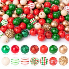 BeBesta 240 Pcs Christmas Wooden Beads, Gold Red Green White Round, gold