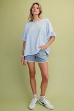 Easel Women's Lace Detail Ruffle Sleeve Cotton Top in Sky Blue