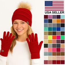 C.C 2pc Unisex Classic Solid Color Ribbed Cable Knit Pom Beanie and Gloves Set