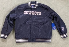 NWT Men’s Ultra Game NFL Dallas Cowboys Blue Satin Snap Button Bomber Jacket L
