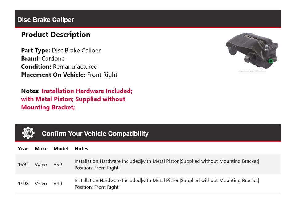 Pinza de freno de disco delantera derecha cardone para Volvo V90 1997-1998 Foto 2 de 4