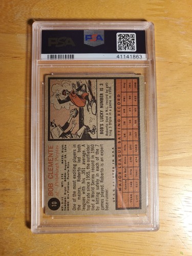ROBERTO BOB CLEMENTE PIRATES 1962 TOPPS BASEBALL CARD #10 GRADED VG PSA 3 - Picture 2 of 2
