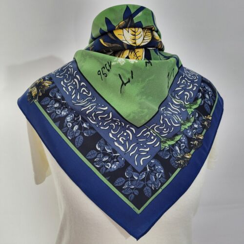 Vintage Scarf Neckerchief 1996 Green Blue Chiffon Square Floral Print  - Picture 1 of 5