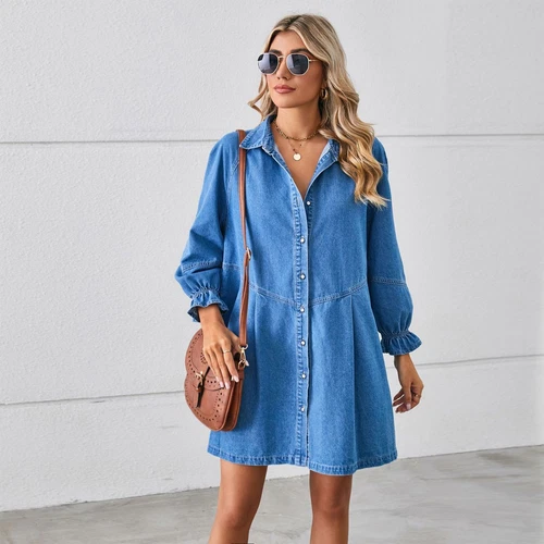Women's Denim Dress Long Sleeve Babydoll Cute Casual Raglan Sleeve Skater Dress - Foto 10 di 37