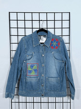 VTG Custom Embroidered Denim Jacket Womens S Blue Artsy Cottagecore Geometric
