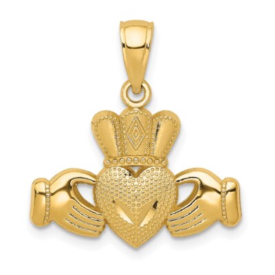 Real 14kt Yellow Gold Polished/Textured Claddagh Pendant