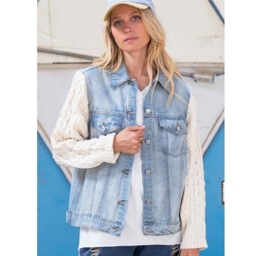 POL sweater sleeve denim jacket blue cream large - Picture 3 of 5