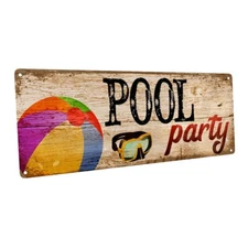 Pool Party Metal Sign; Wall Decor for Porch, Patio, or Deck
