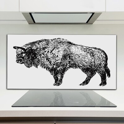 Bison schwarze Tuschezeichnung Küchenrückwand Fliesenspiegel auf Glas ESG 120x60