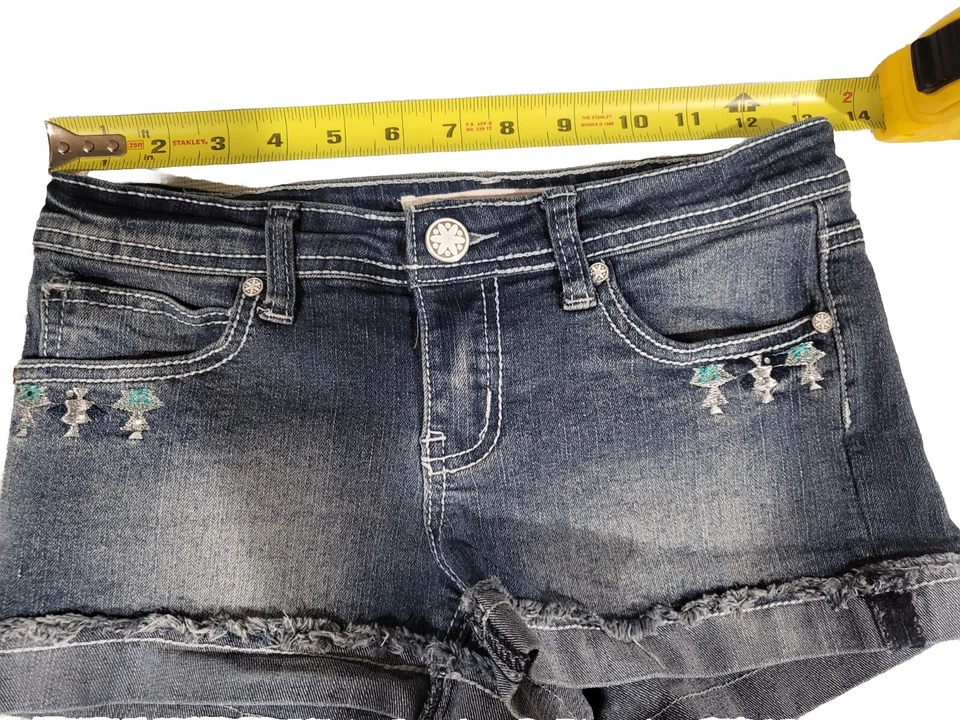 Girl's Free Planet Fake Dirty embellished Blue Jean cut-off cuffed shorts sz 12 - Image 4 of 4