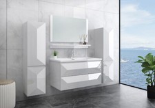 Badmöbel Set montiert Miran Weiss Hochglanz Badezimmermöbel 90cm Bad 
