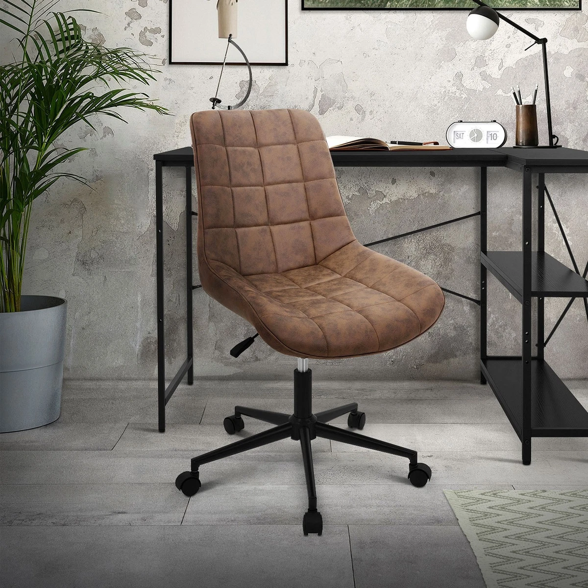 Silla de oficina marrón asiento imitación cuero sillón giratorio y regulable