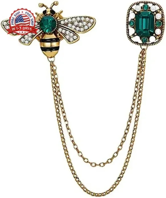 Vintage Honey Bee Brooch Pin CZ Crystal Lapel Badge Tassel Chain Collar for Wome