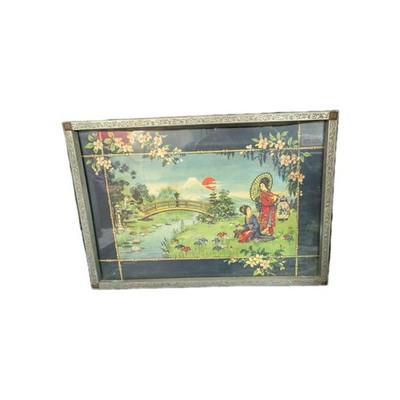 Antique Japanese Serving Tray Geisha Mt Fuji Wood Glass Metal Handles INTL TRAY