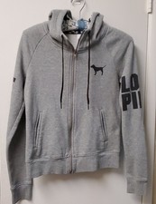 Victoria s Secret PINK Gray Zip Up Hoodie Size Small Arm Spell Out Doggie Zip
